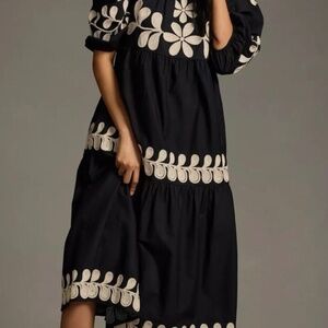 By Anthropologie Embroidered Puff-Sleeve Midi Dress Cotton Floral M